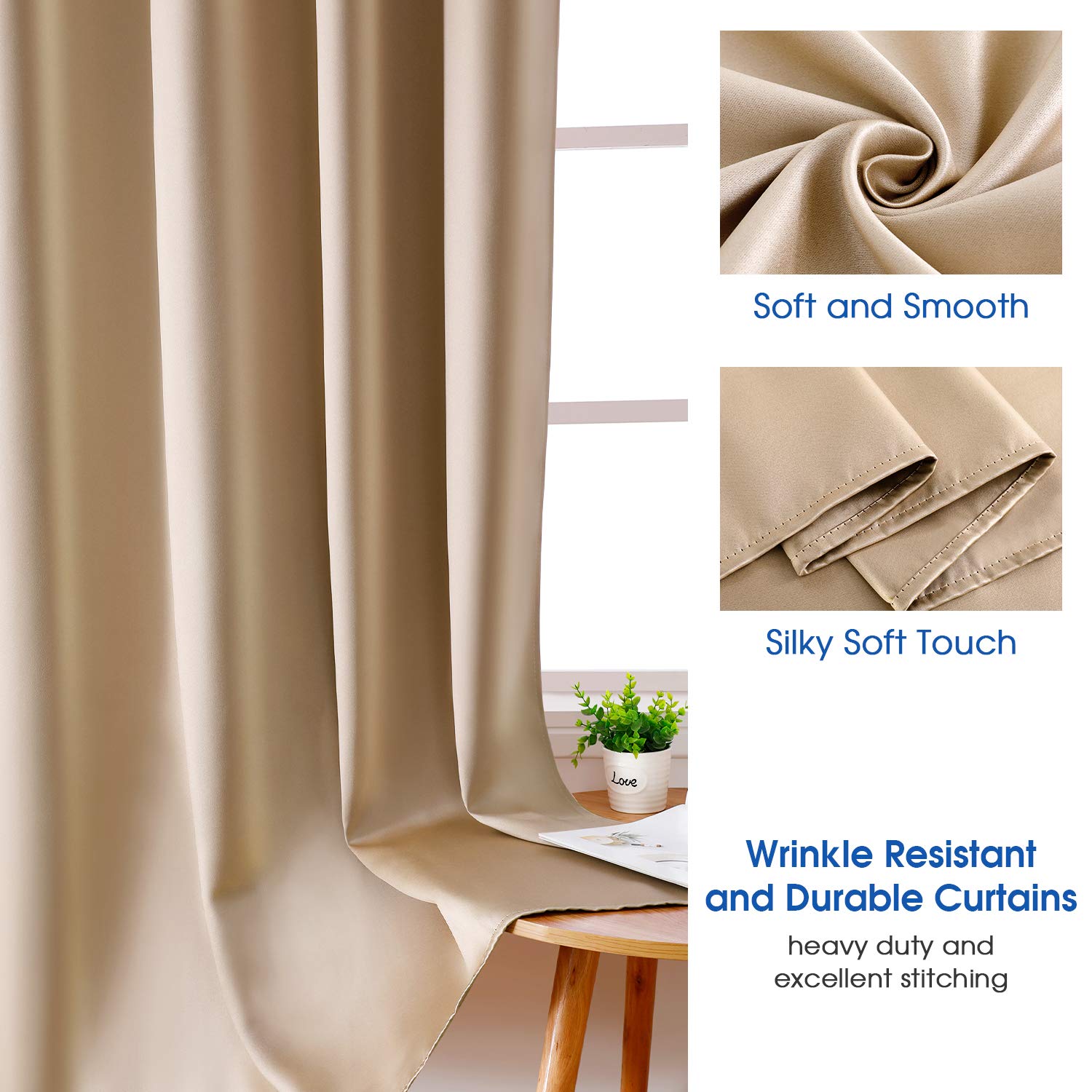 Homeideas 2 Panels Beige Faux Silk Curtains Champagne Gold Blackout Curtains For Bedroom 52 X 108 Inch Room Darkening Satin Drap